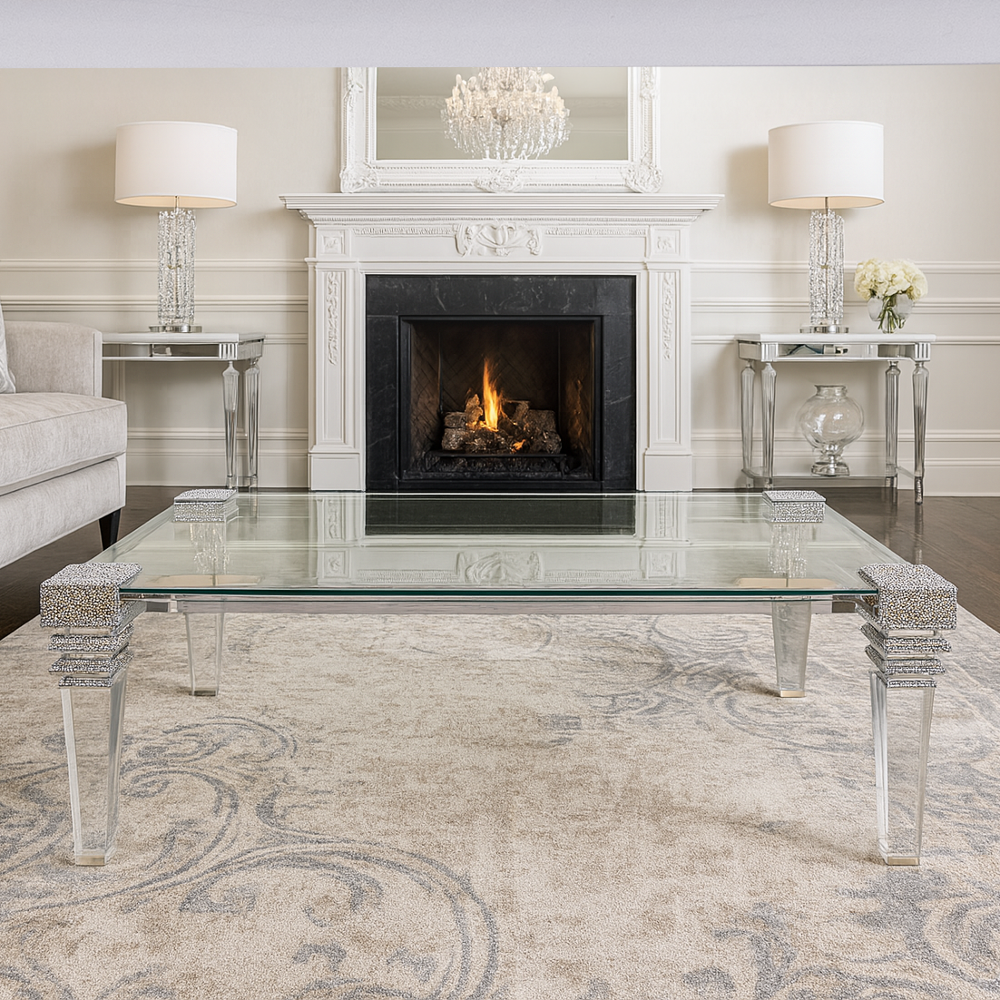 Crystal Stacked Leg Glass Coffee Table