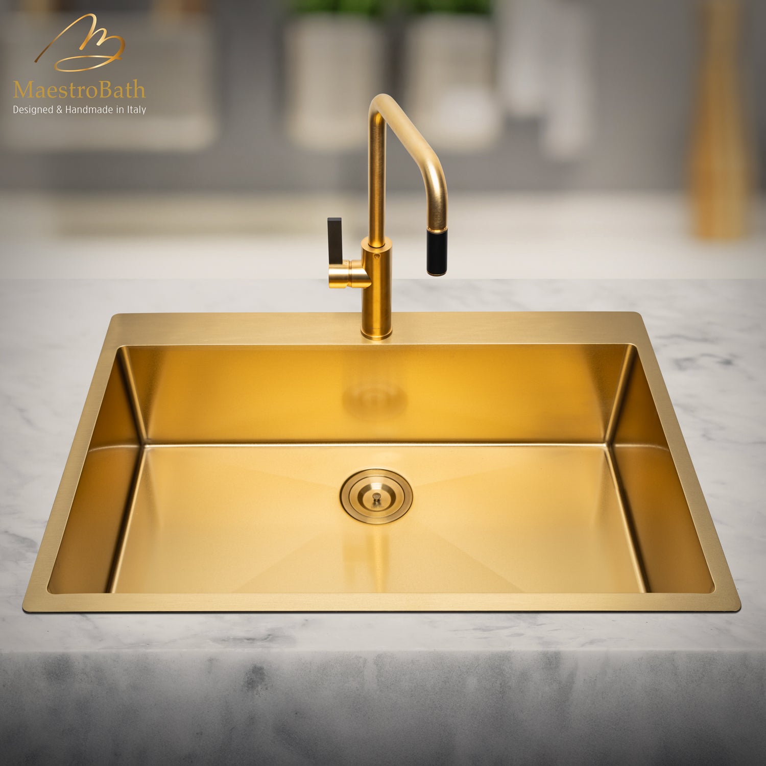 LUZ MONO Gold Modern Kitchen Faucet | Pull Out Mono Shower #color_brushed gold