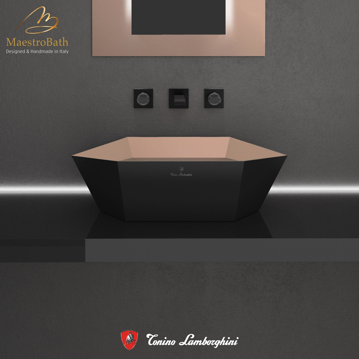 Vision by Tonino Lamborghini Vessel Sink #color_Black Mat / Rosa Sahara