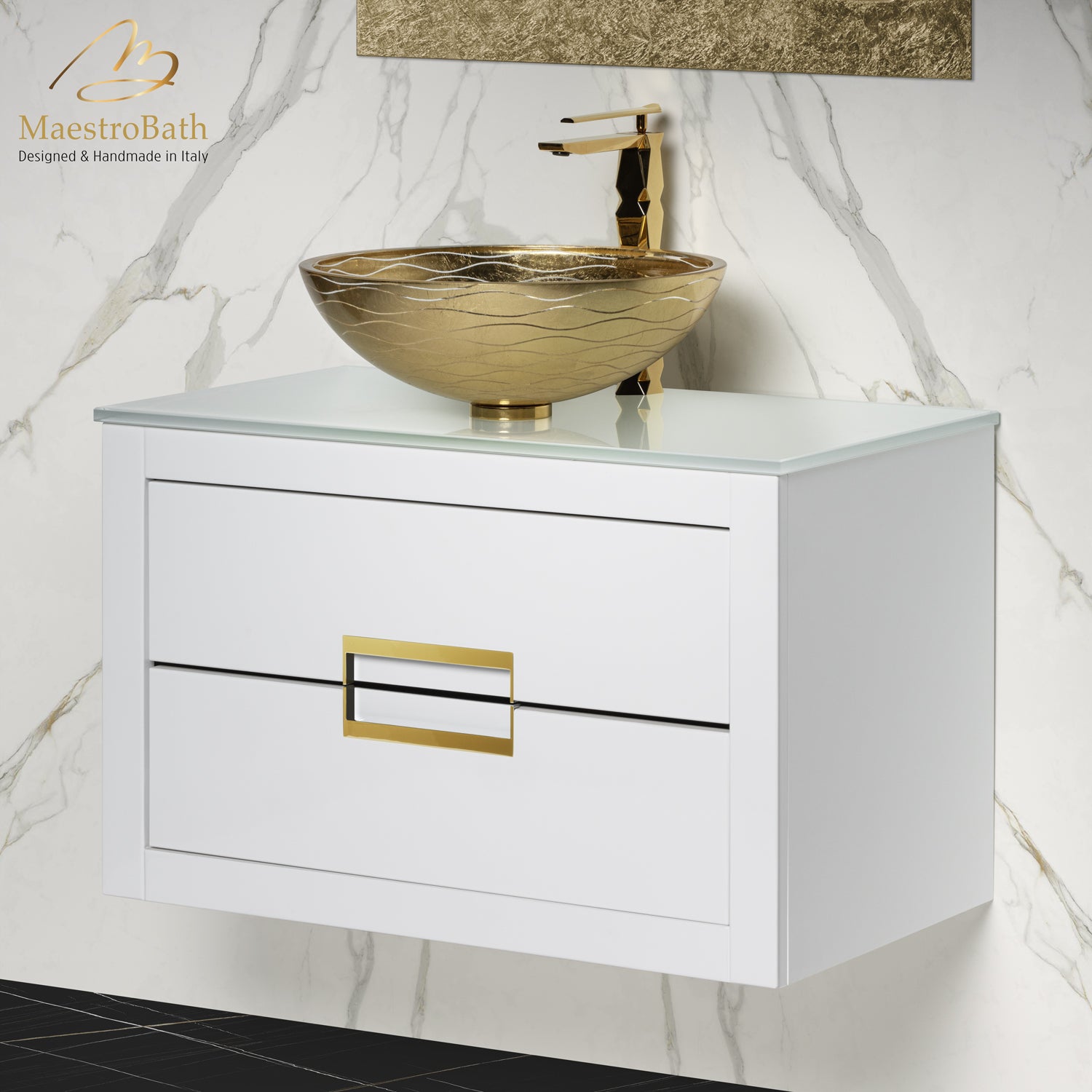 Danya White and Gold Leather Modern Bathroom Vanity 32 Inch #Size_32"