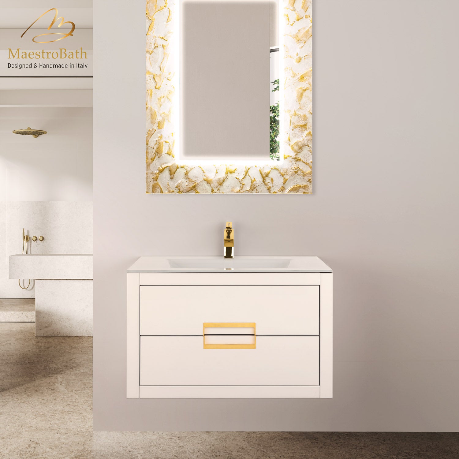 Danya White and Gold Leather Modern Bathroom Vanity 32 Inch #Size_32"