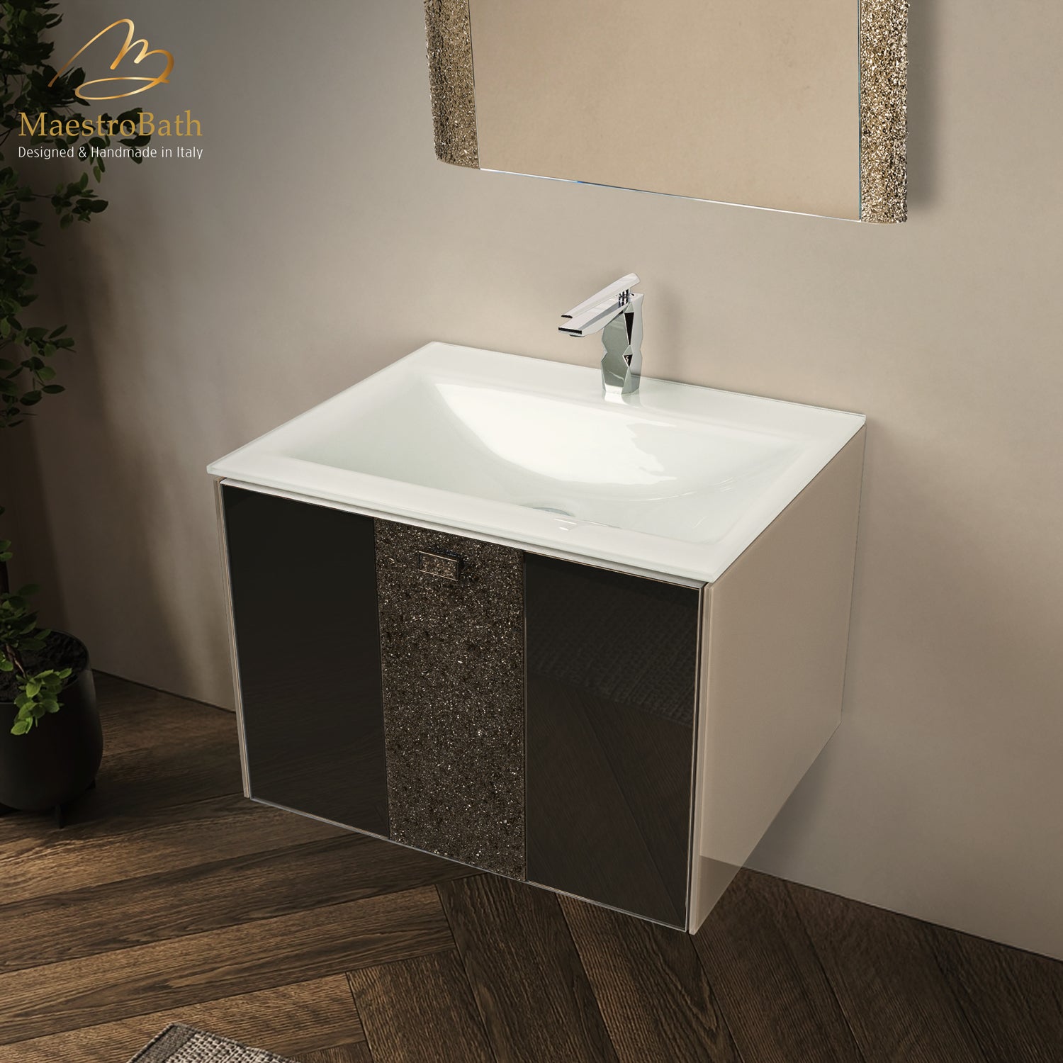 Luxury 24" Crystal Glass Wallmount Bathroom Vanity | Bronze #Glass Top_Integrated White Sink