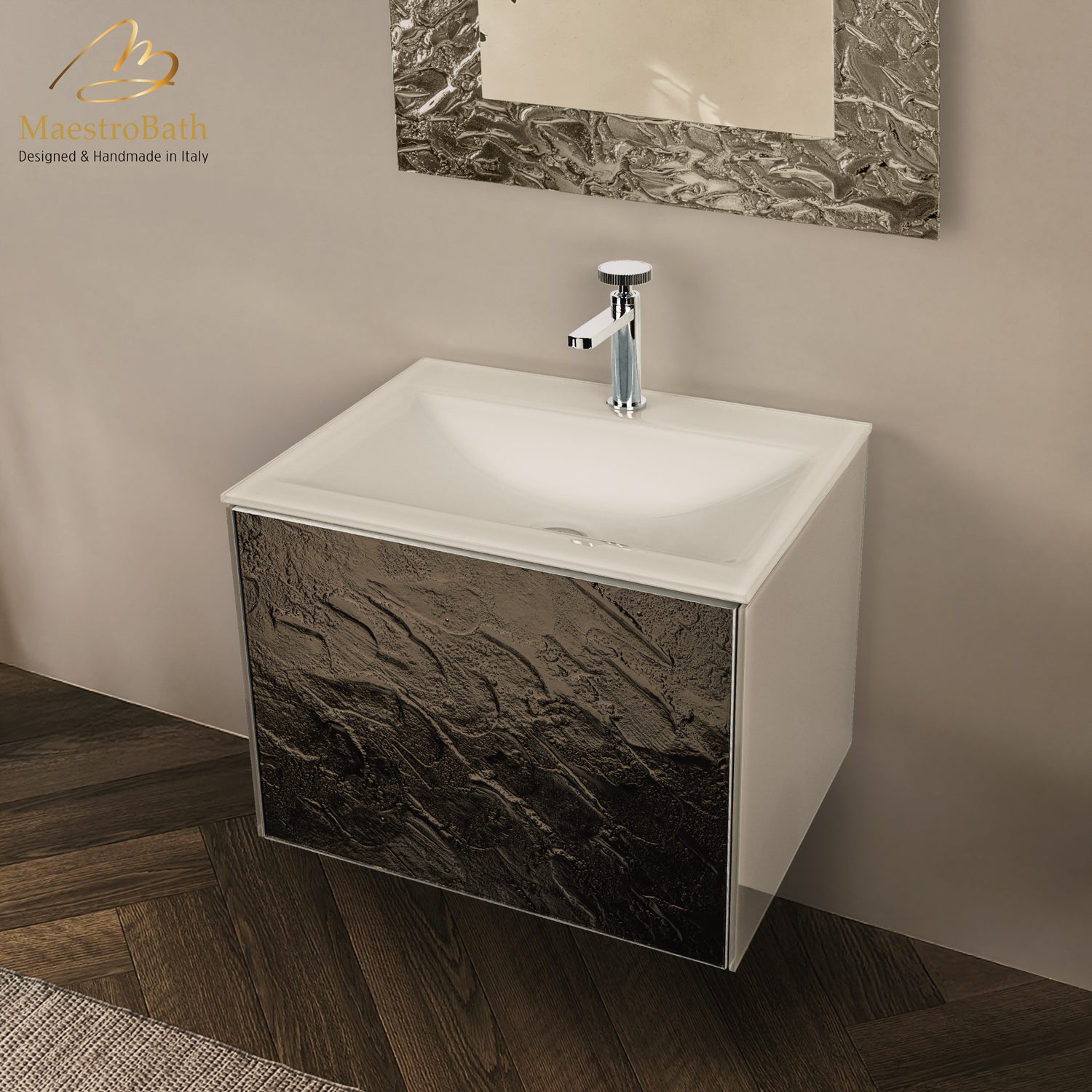 Luxury 24" Murano Crystal Wallmount Bathroom Vanity | Bronze #glass top_Integrated Beige Sink