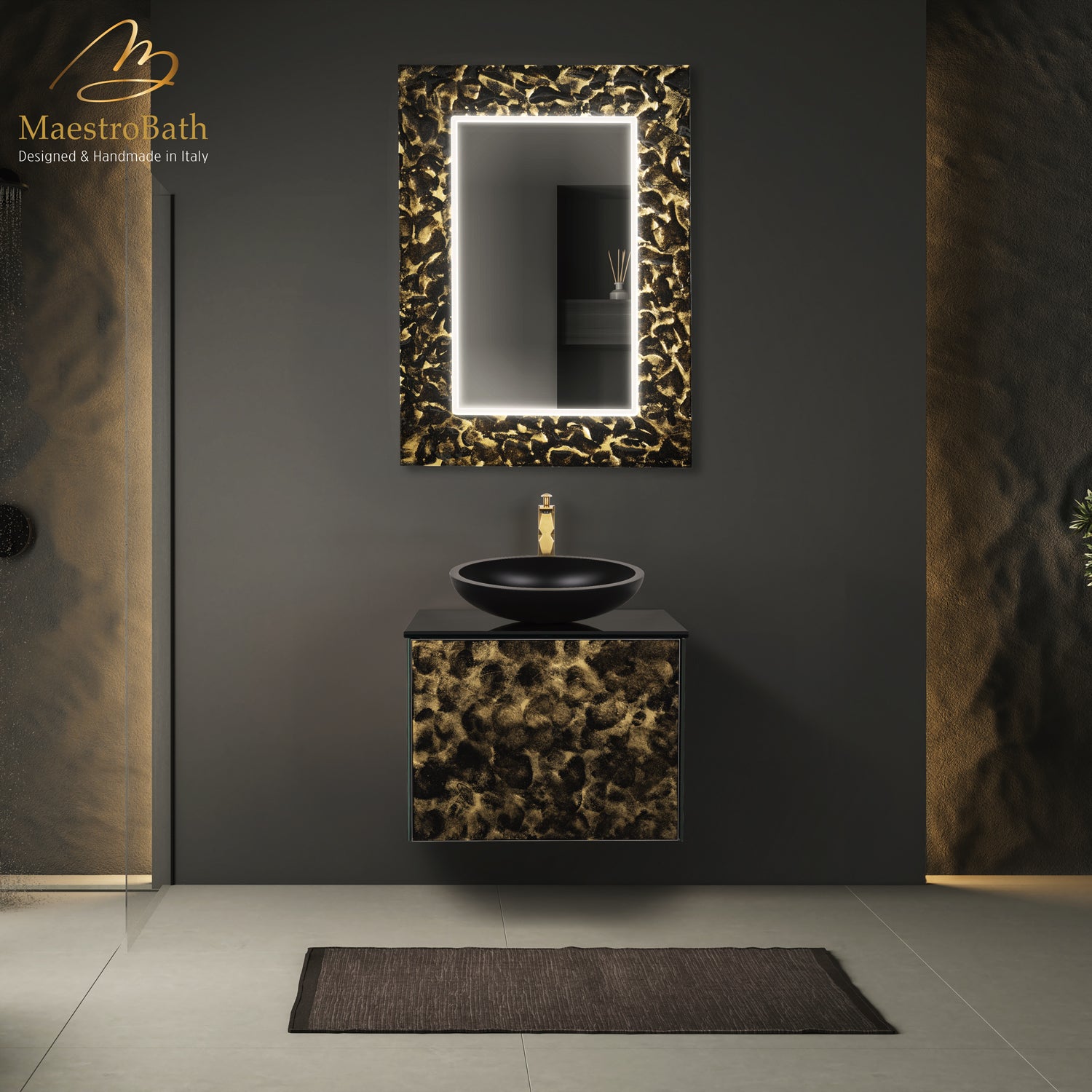 Luxury 24" Murano Crystal Wallmount Bathroom Vanity | Black and Gold #Size_24"