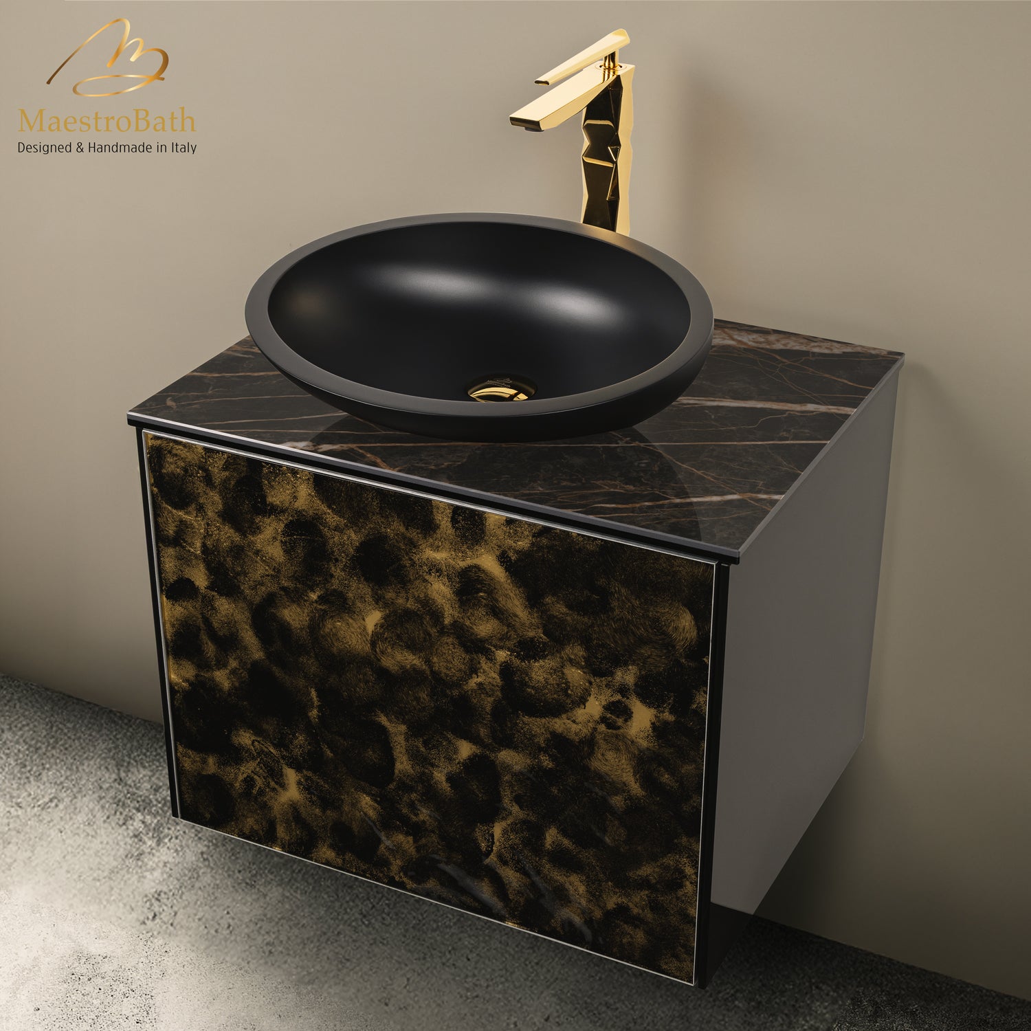 Luxury 24" Murano Crystal Wallmount Bathroom Vanity | Black and Gold #Glass Top_Noir Desir Laminated Ceramic