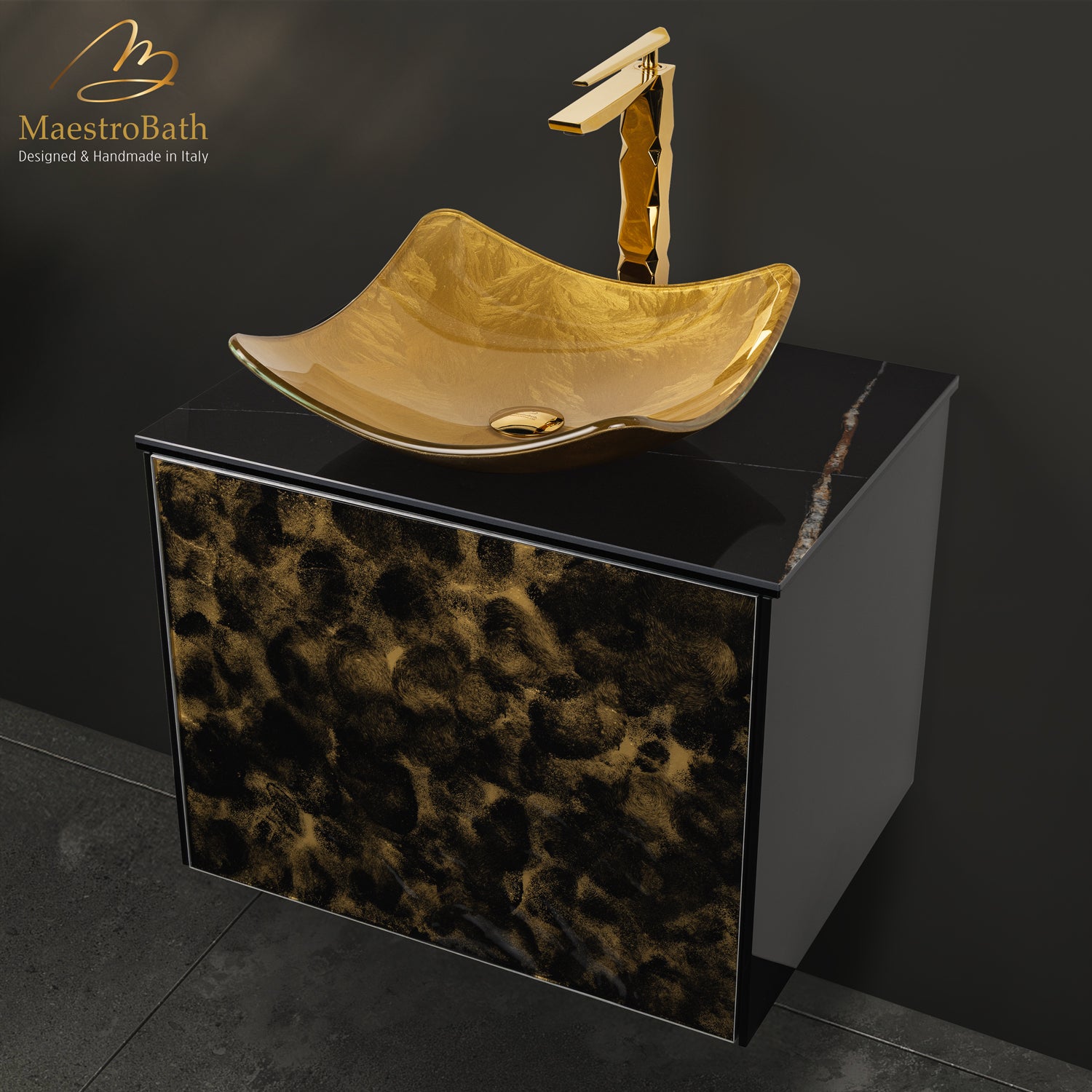Luxury 24" Murano Crystal Wallmount Bathroom Vanity | Black and Gold #Glass Top_Sahara Noir Laminated Ceramic