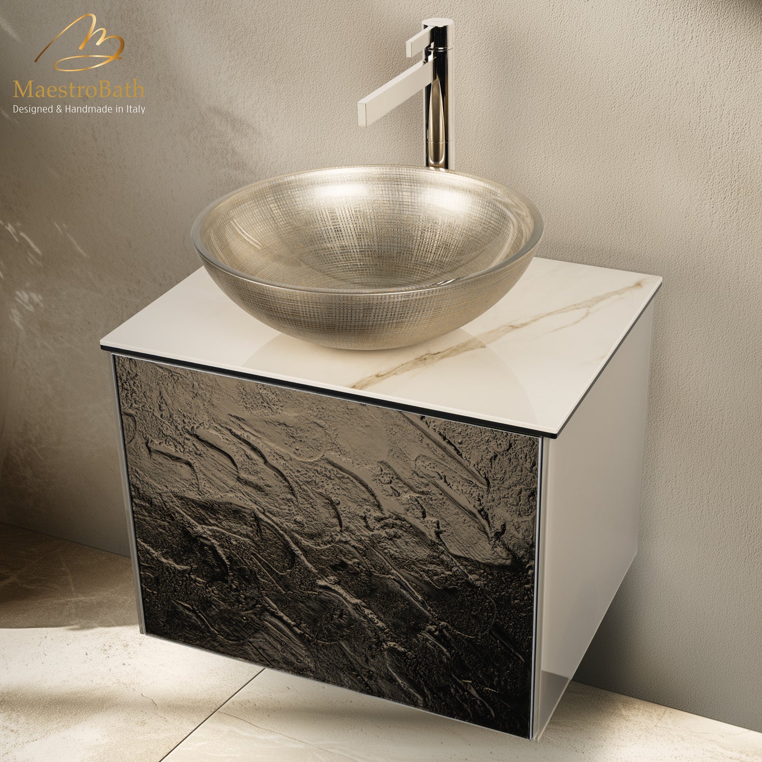 Luxury 24" Murano Crystal Wallmount Bathroom Vanity | Bronze #glass top_Bianco Lasa Laminated Ceramic