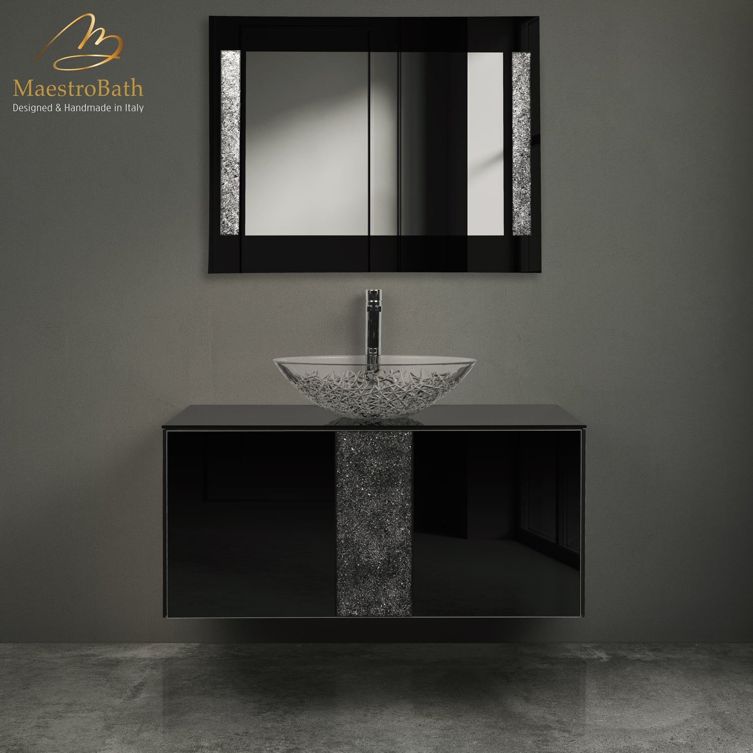 Luxury 48" Crystal Glass Wallmount Bathroom Vanity | Black #Size_48"