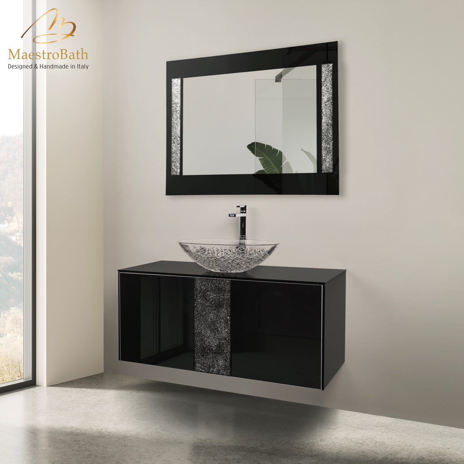 Luxury 48" Crystal Glass Wallmount Bathroom Vanity | Black #Size_48"