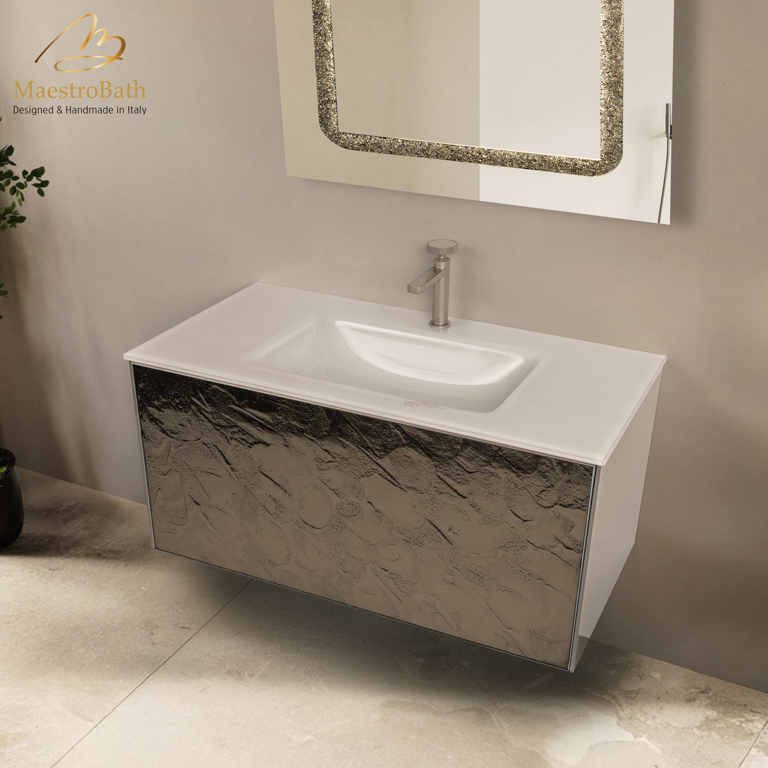 Luxury 40" Murano Crystal Wallmount Bathroom Vanity | Bronze #glass top_Integrated Beige Sink