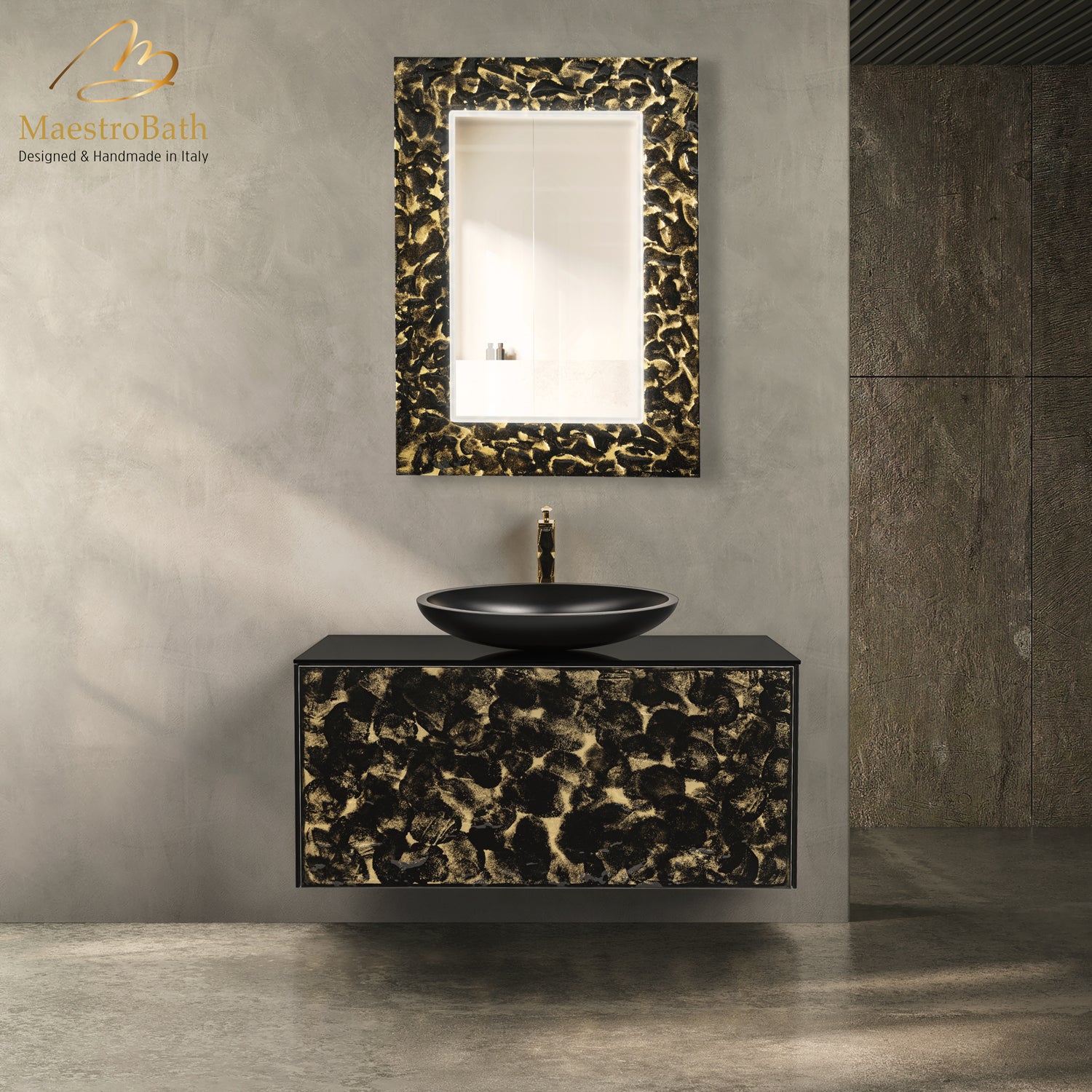 Luxury 40" Murano Crystal Wallmount Bathroom Vanity | Black and Gold #Size_40"