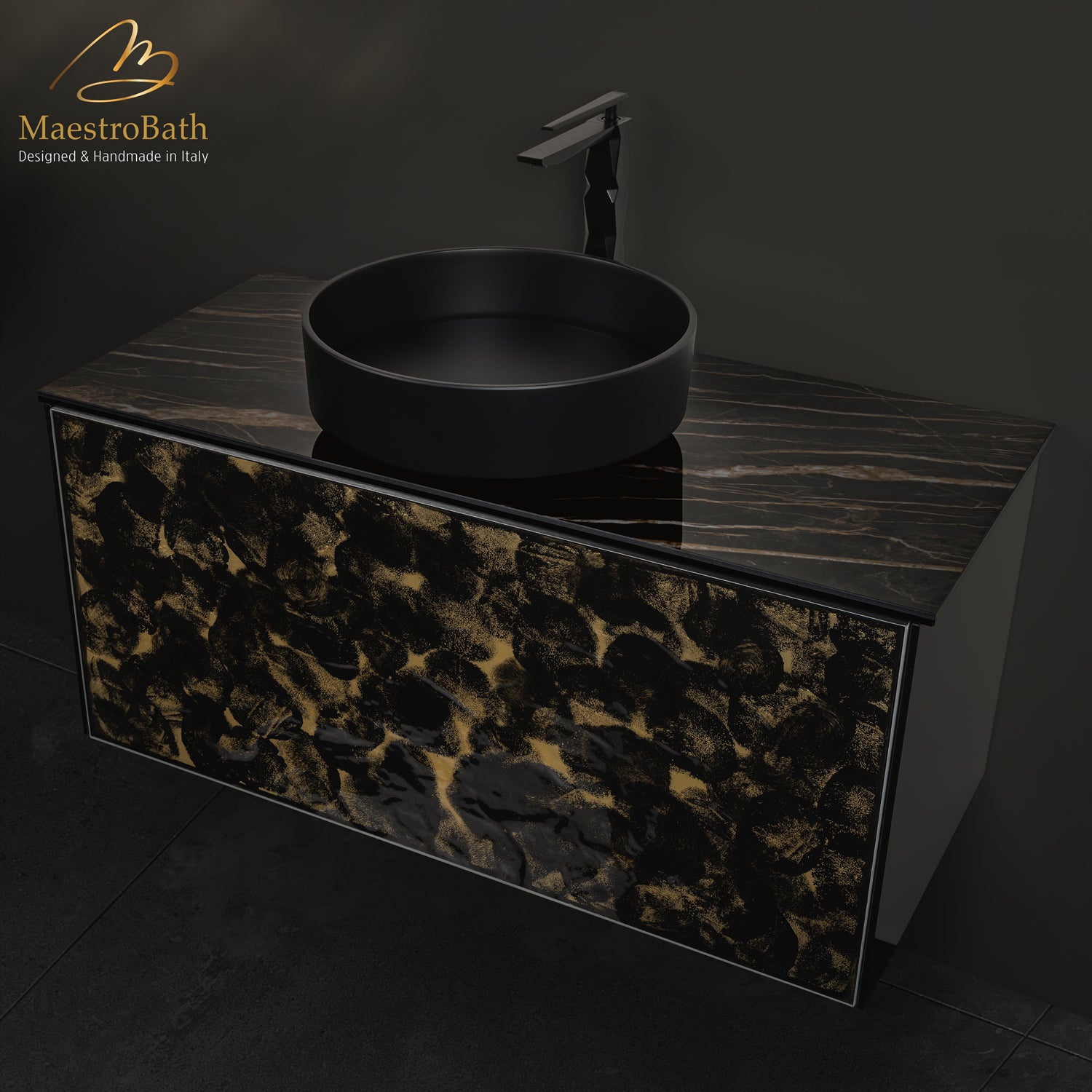 Luxury 40" Murano Crystal Wallmount Bathroom Vanity | Black and Gold #Glass Top_Noir Desir Laminated Ceramic