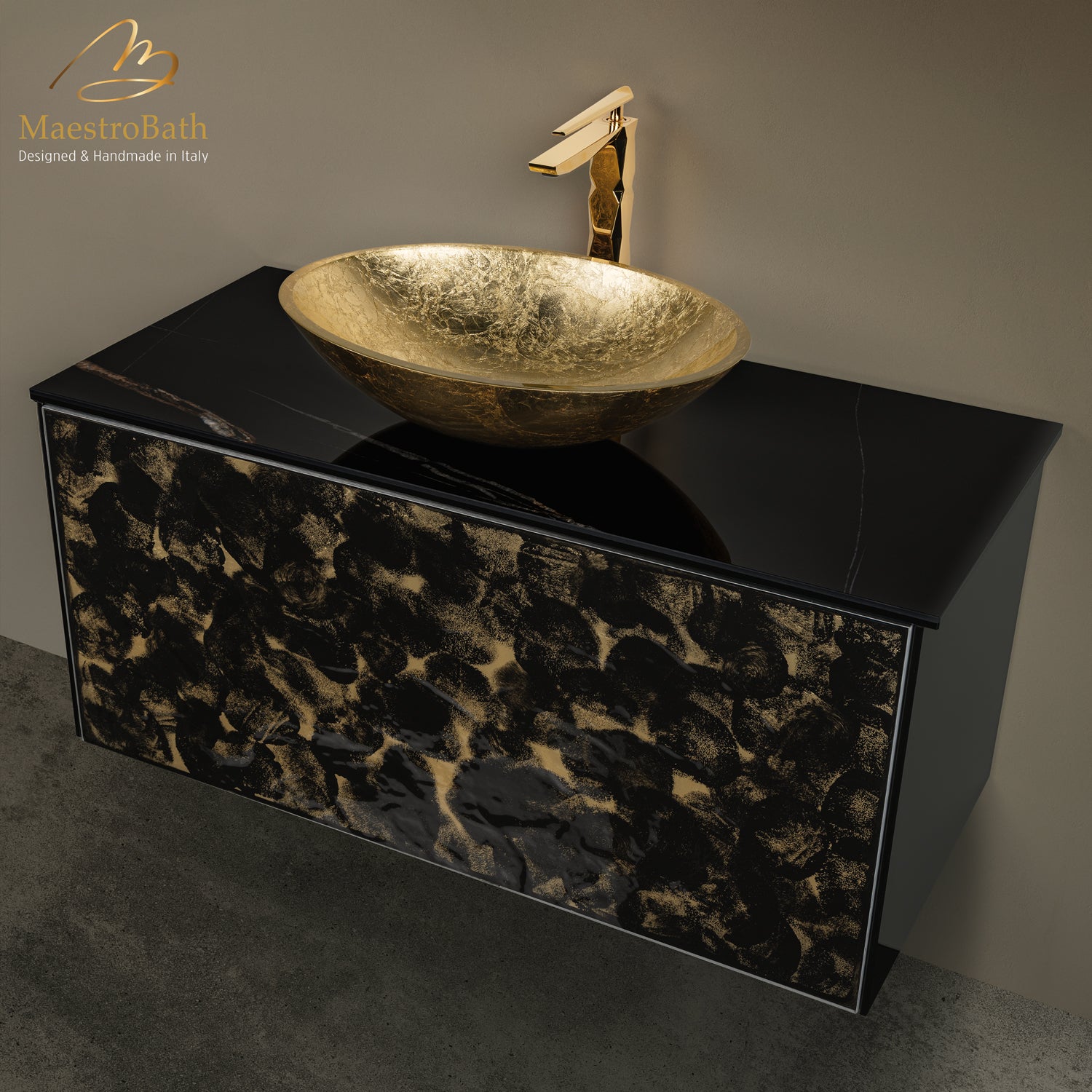 Luxury 40" Murano Crystal Wallmount Bathroom Vanity | Black and Gold #Glass Top_Sahara Noir Laminated Ceramic