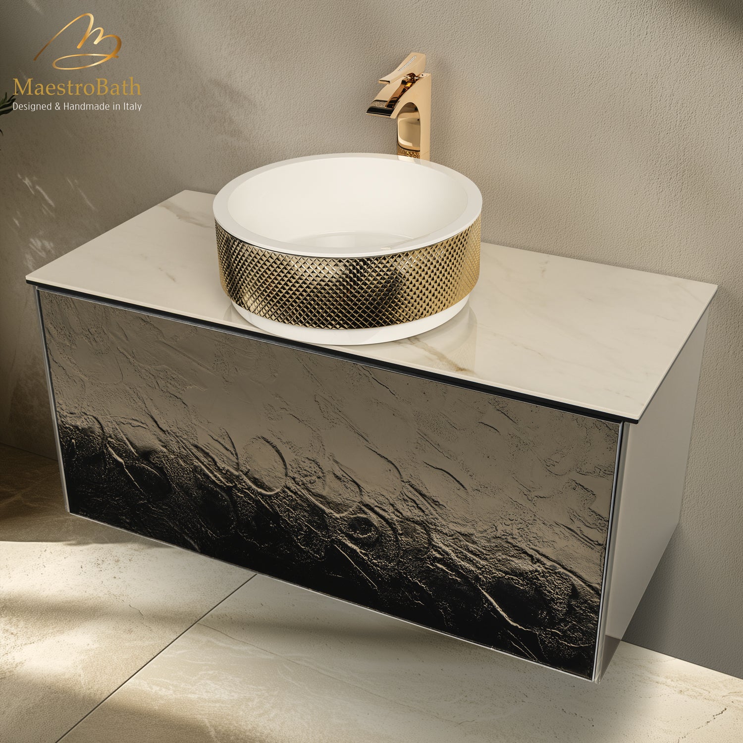 Luxury 40" Murano Crystal Wallmount Bathroom Vanity | Bronze #glass top_Bianco Lasa Laminated Ceramic