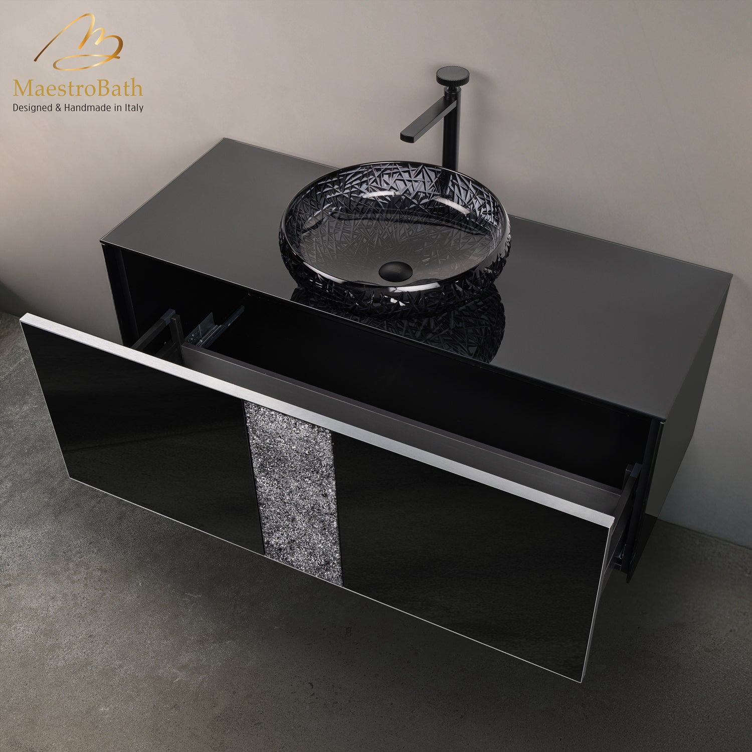 Luxury 48" Crystal Glass Wallmount Bathroom Vanity | Black #Size_48"