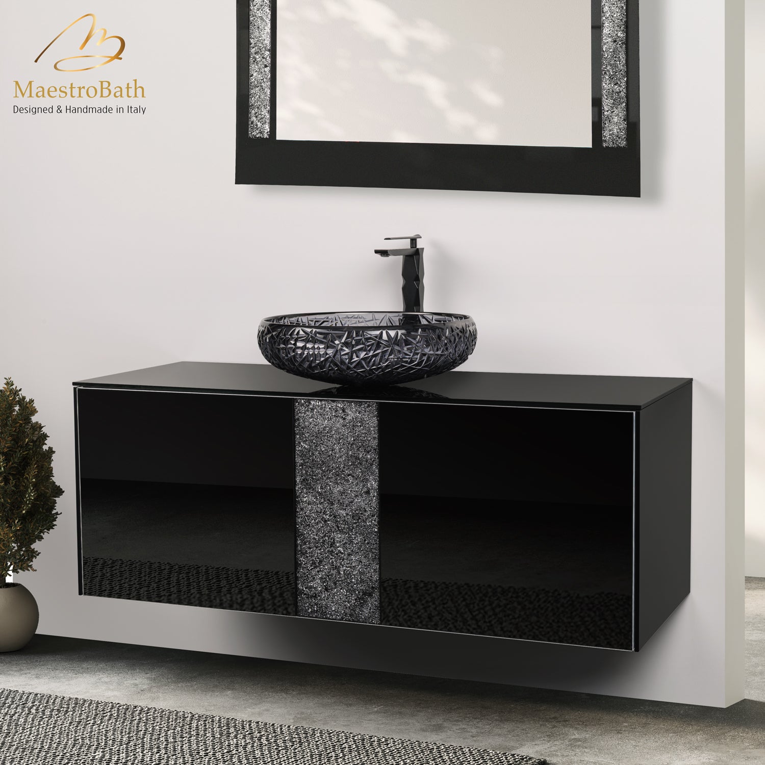 Luxury 48" Crystal Glass Wallmount Bathroom Vanity | Black #Size_48"