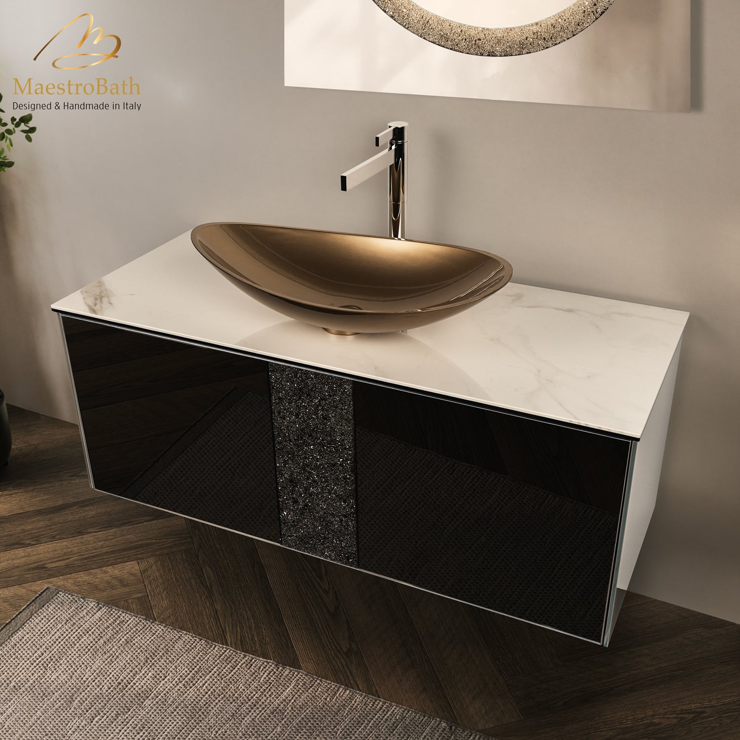 Luxury 48" Crystal Glass Wallmount Bathroom Vanity | Bronze #Glass Top_Bianco Lasa Laminated Ceramic