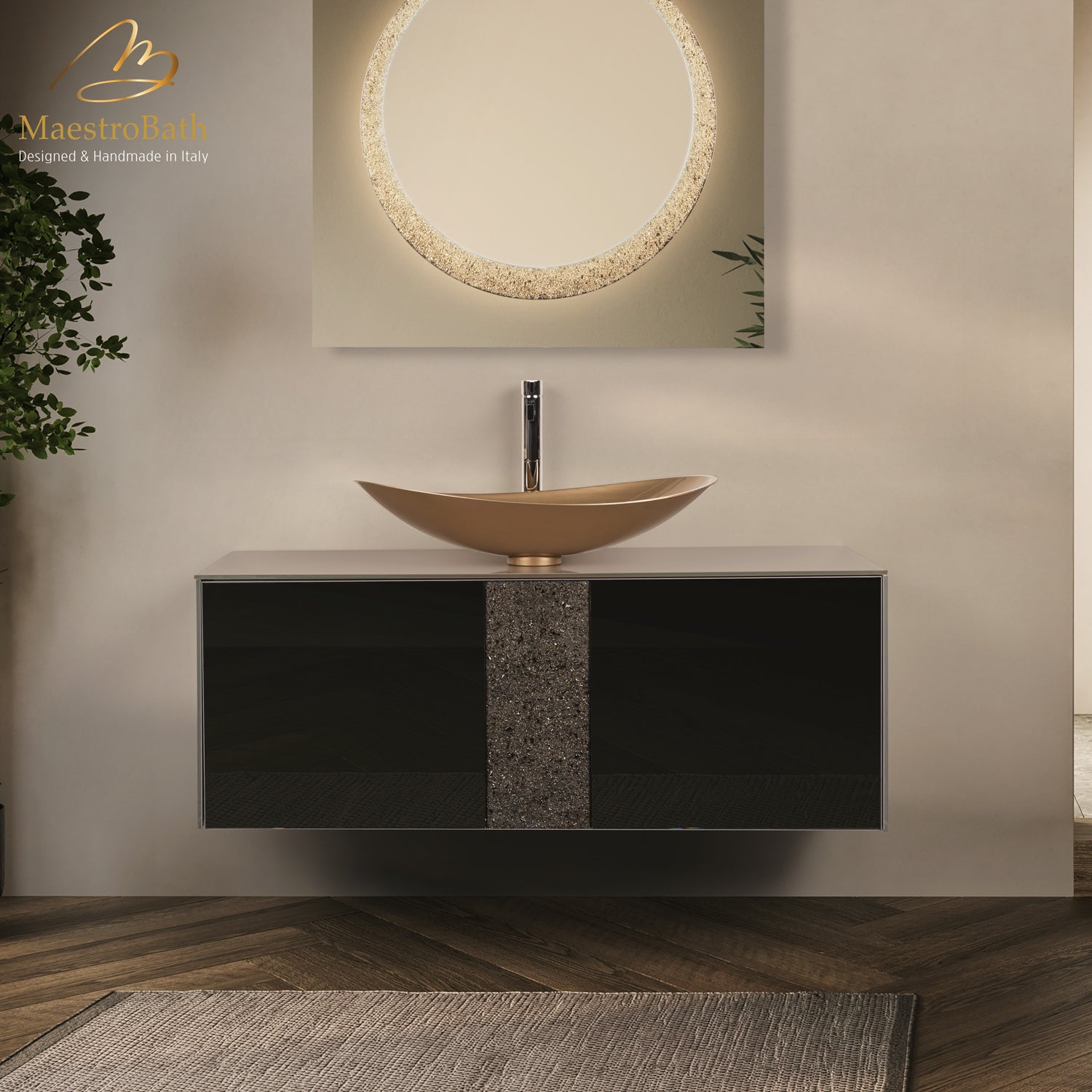 Luxury 48" Crystal Glass Wallmount Bathroom Vanity | Bronze #Glass Top_Solid Beige #Size_48"