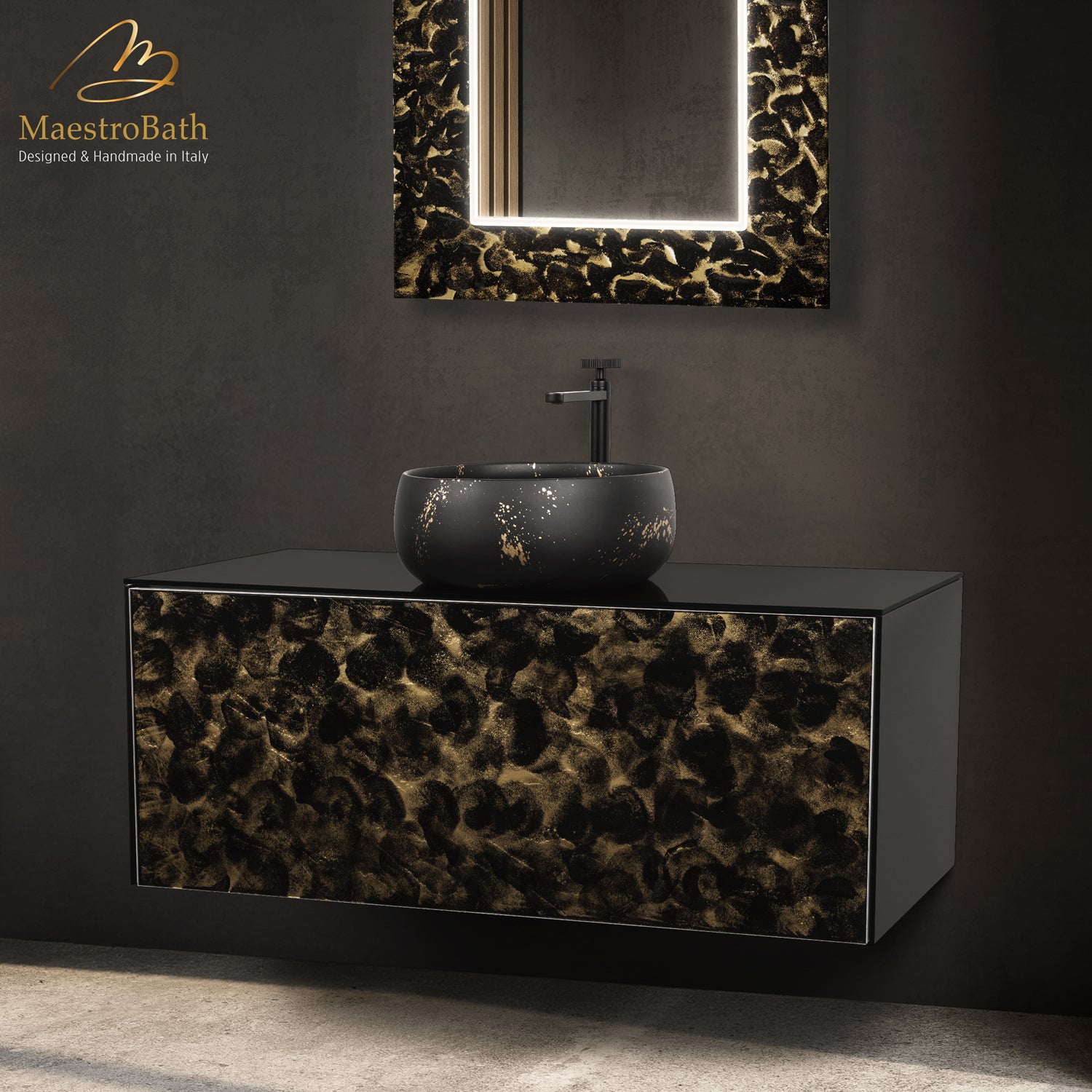 Luxury 48" Murano Crystal Wallmount Bathroom Vanity | Black and Gold #Size_48"
