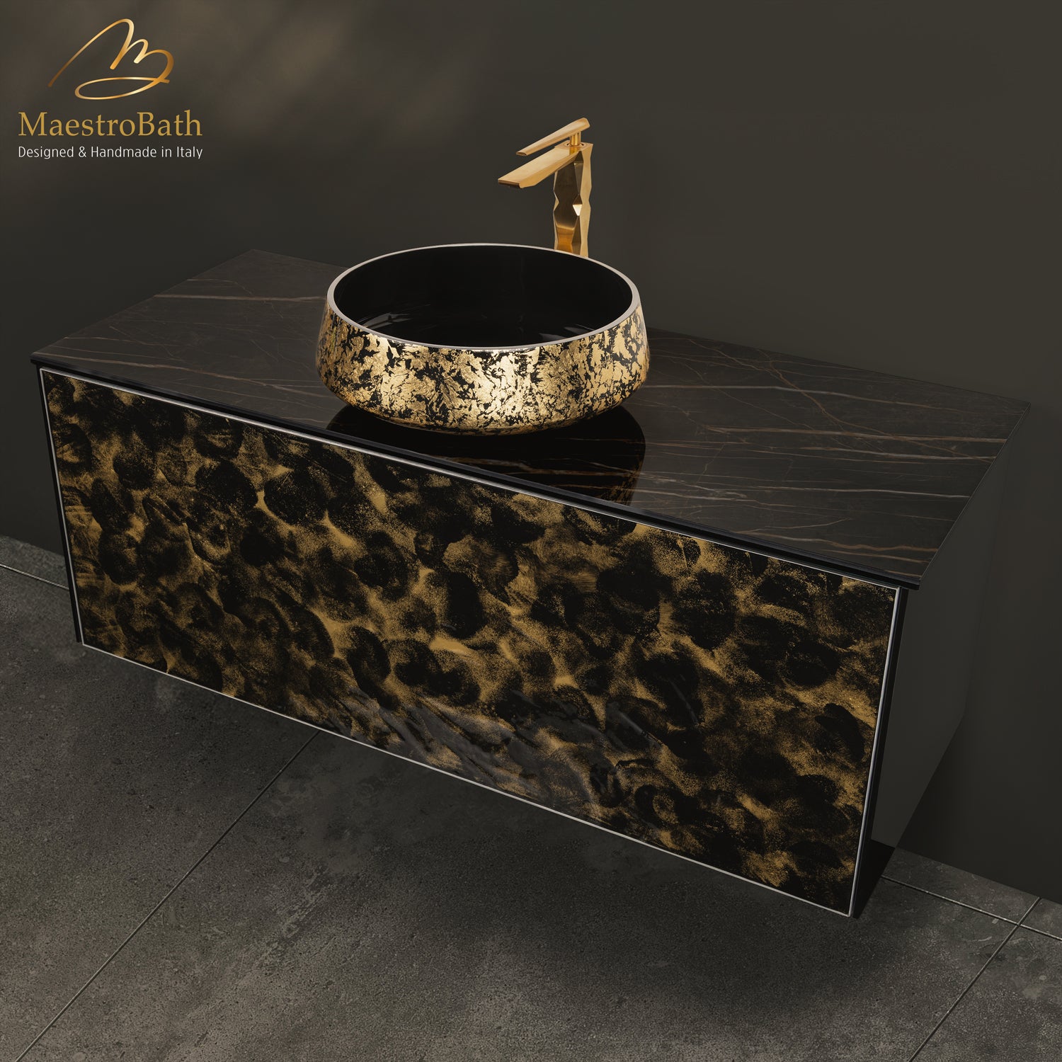 Luxury 48" Murano Crystal Wallmount Bathroom Vanity | Black and Gold #Glass Top_Noir Desir Laminated Ceramic