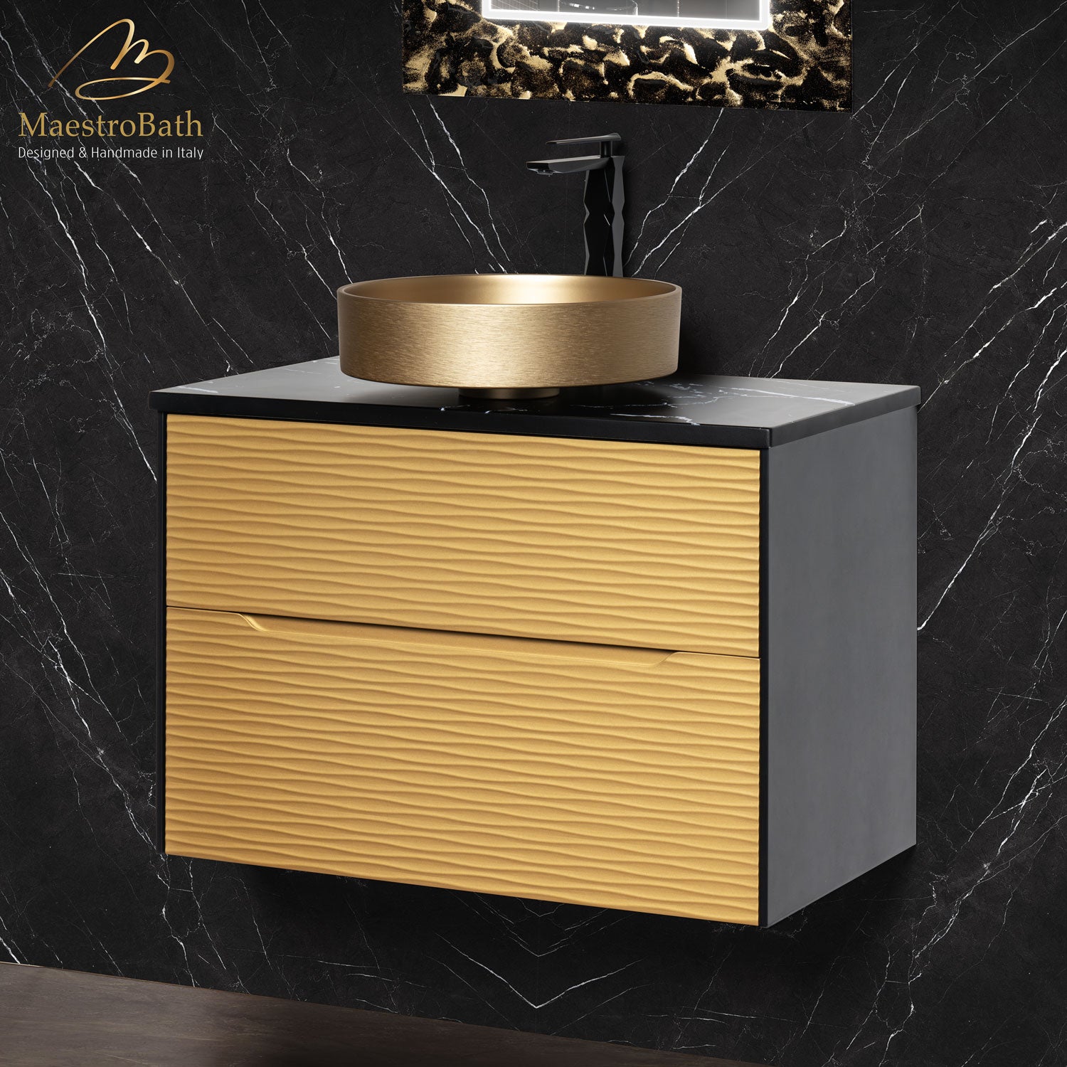 Modern Integrated Bathroom Vanity | Black and Gold #glass top_flat