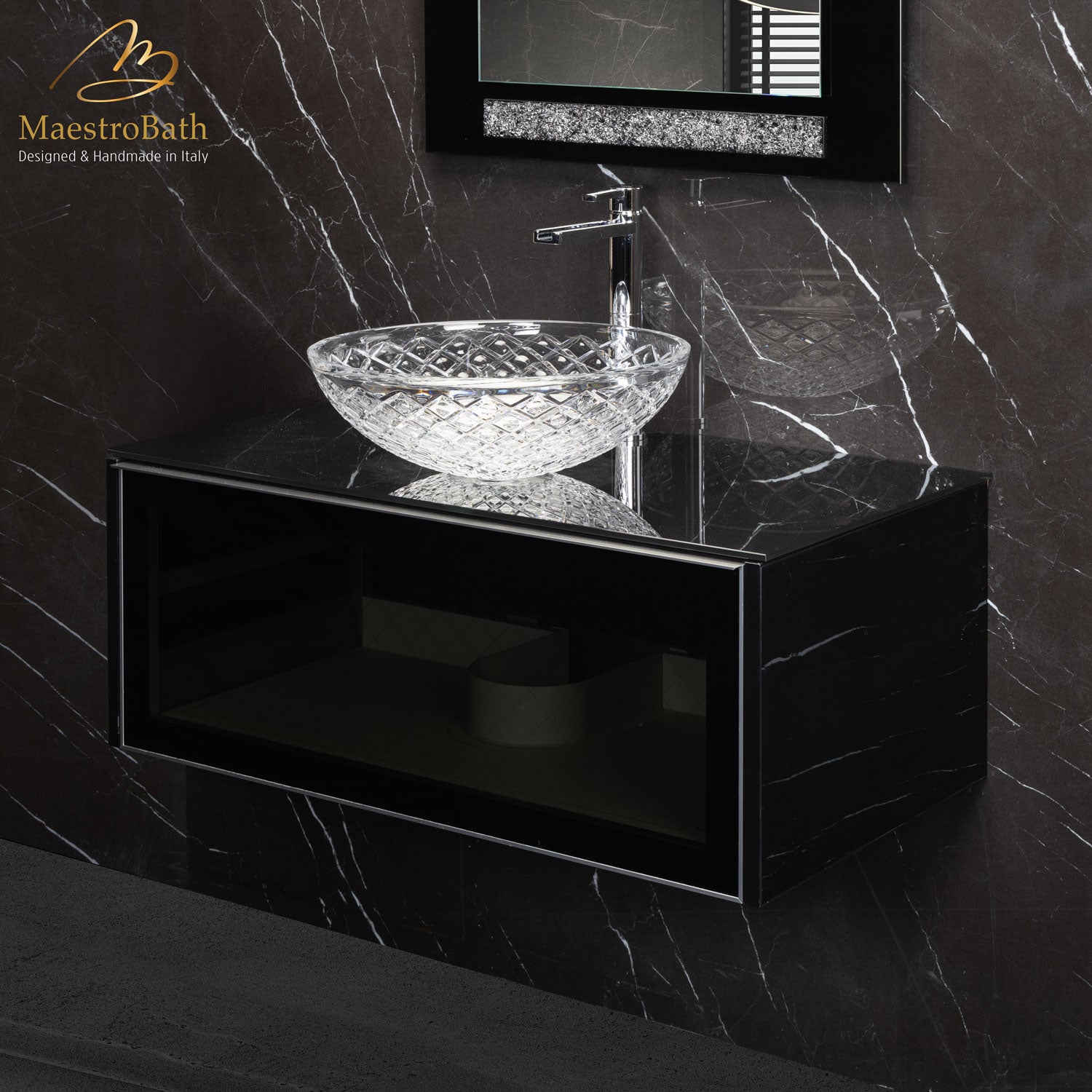 Modern Smoke Grid Glass Bathroom Vanity | Transparent #Size_35"