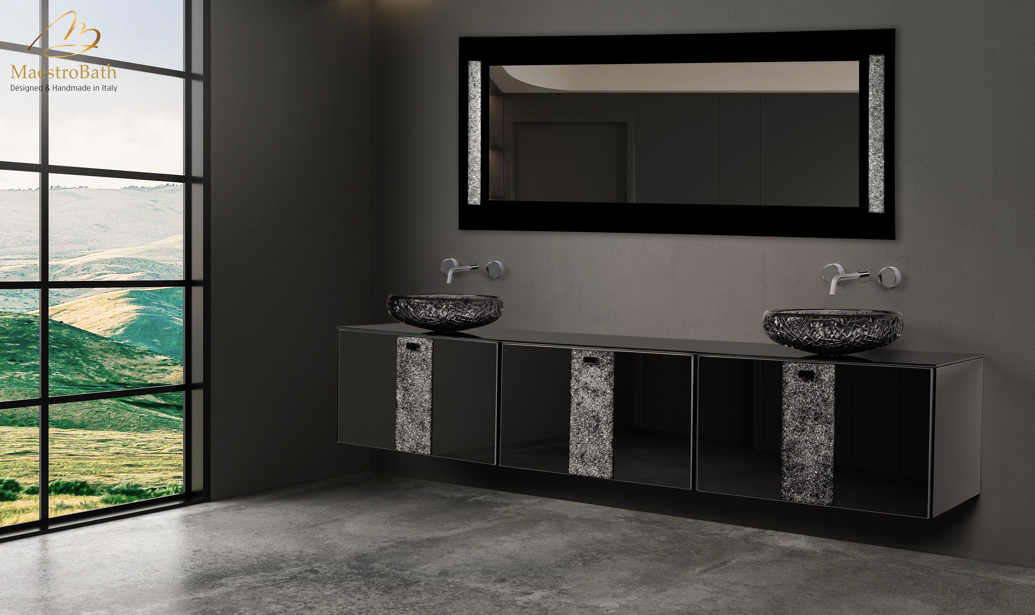 Luxury Crystal Glass Wallmount Double Vanity #color_black