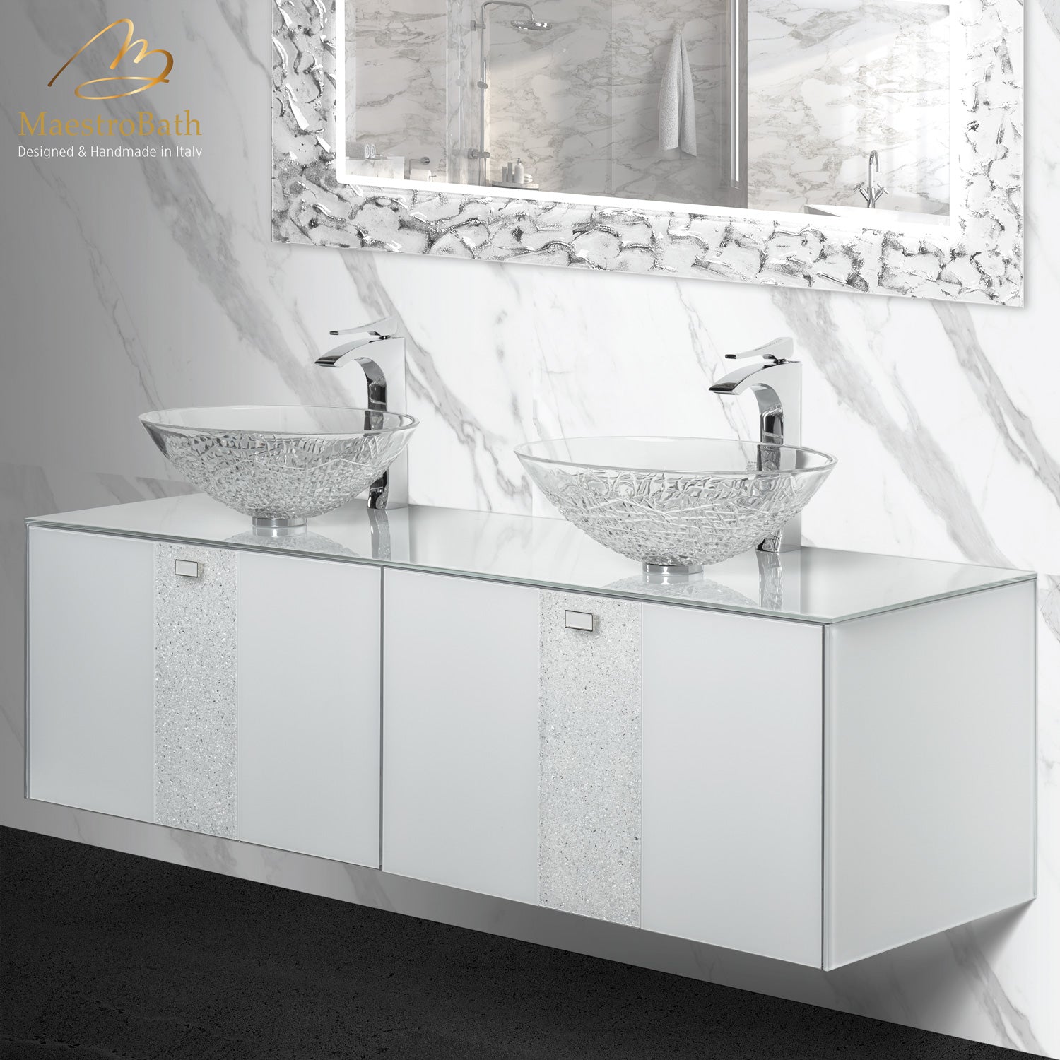 Luxury Crystal Glass Wallmount Bathroom Double Vanity | White #color_white