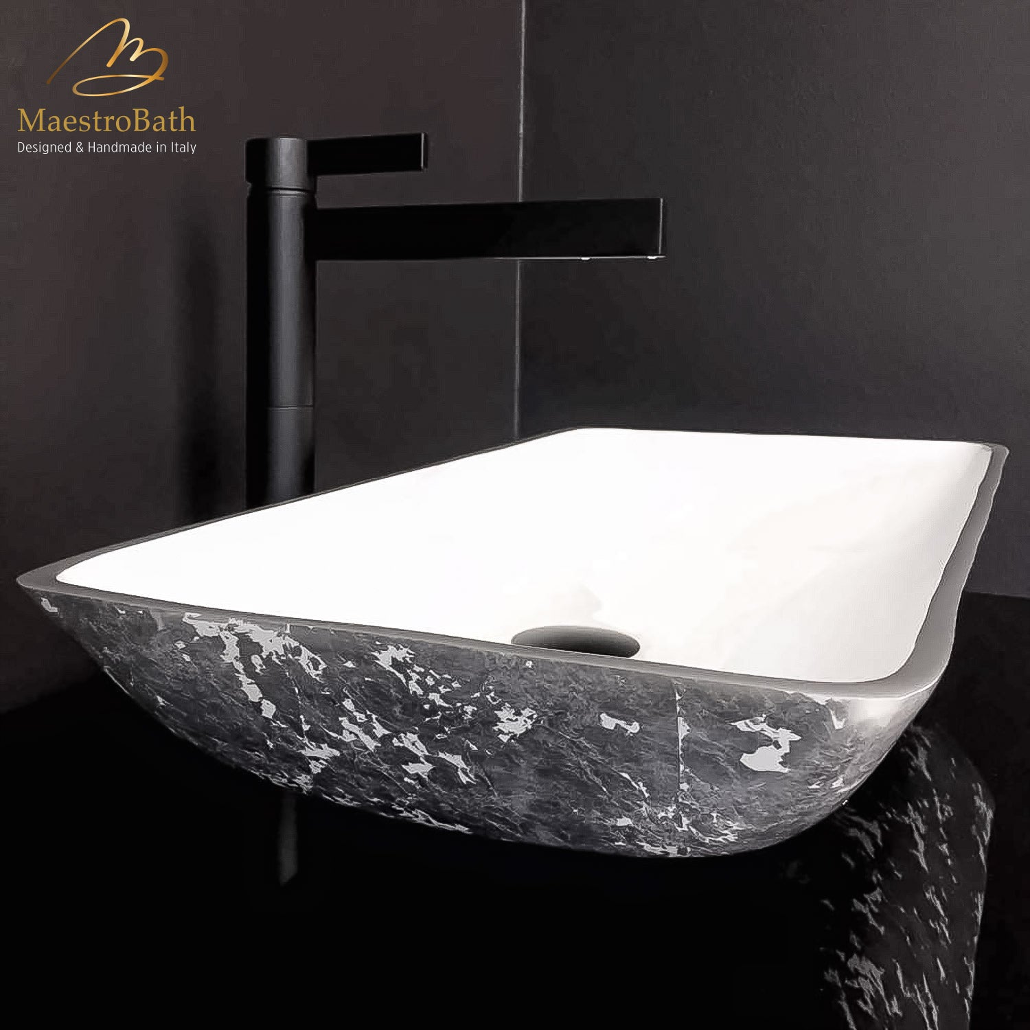 Italian Handcrafted Modern Contemporary Rectangular Bath Basin Silver and White #color_silver and white
