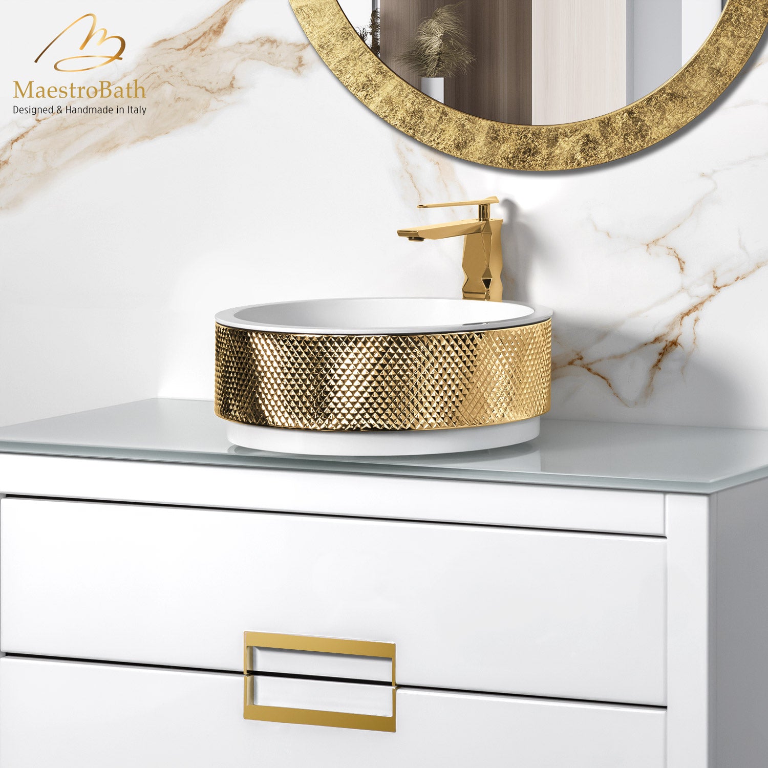 Hive Bathroom Vessel Sink | White and Gold #color_white and gold