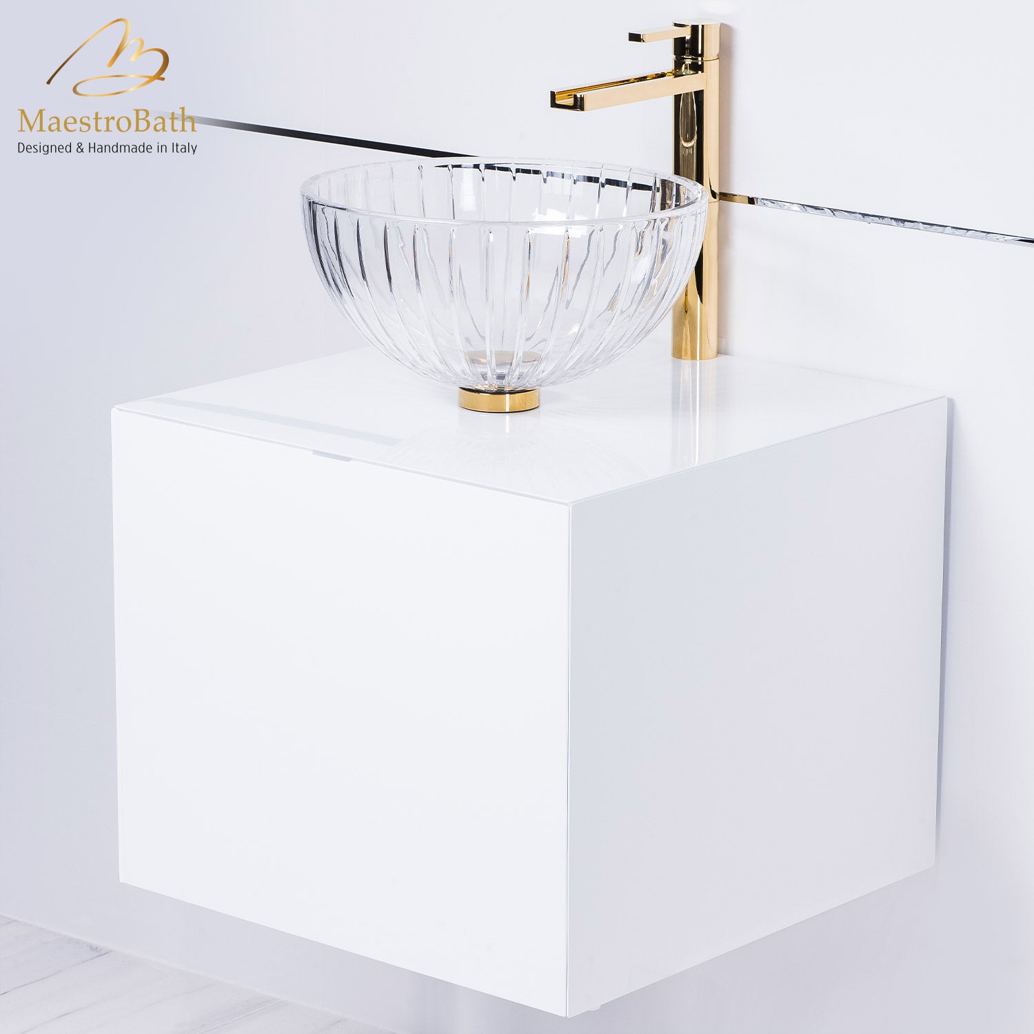 Italian 20 inch white lacquer bathroom vanity with crystal vessel sink combo