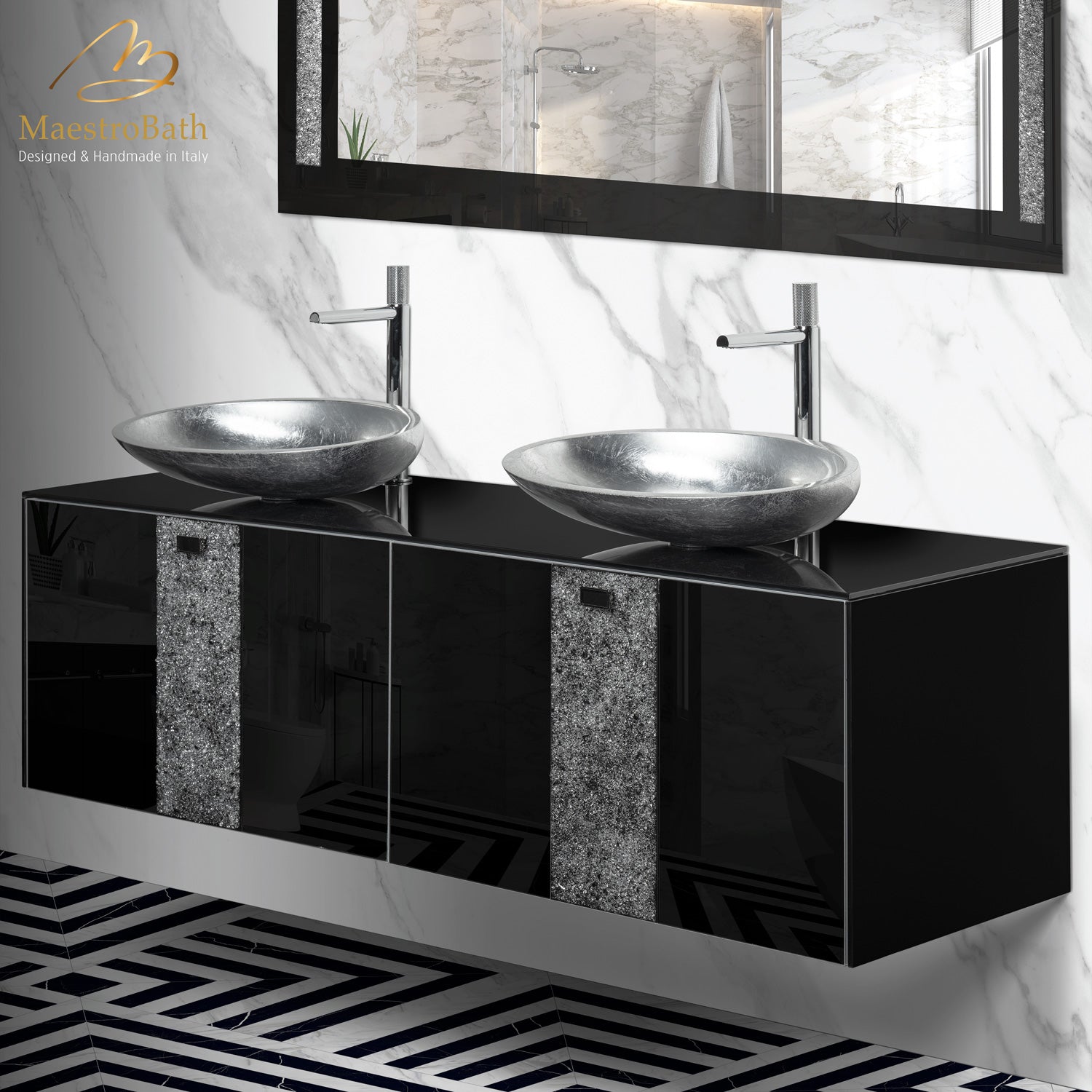 Luxury Crystal Glass Wallmount Bathroom Double Vanity | Black #color_black