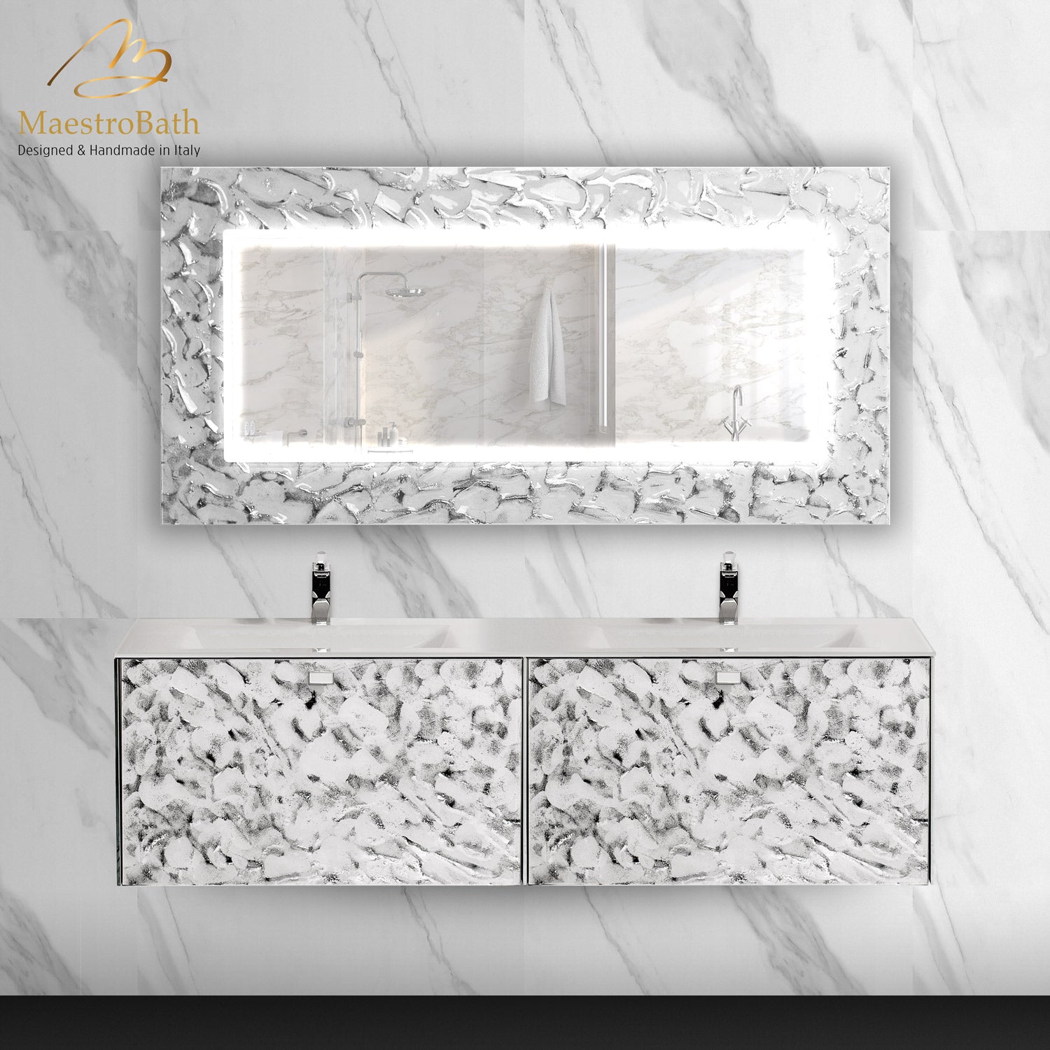 Designer Murano Glass Wallmount Bathroom Double Vanity #color_white and silver