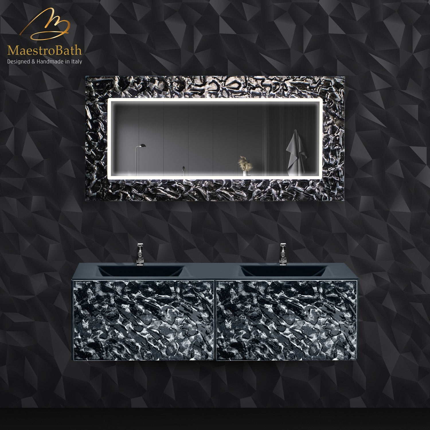 Designer Murano Glass Wallmount Bathroom Double Vanity #color_grey-smoke silver