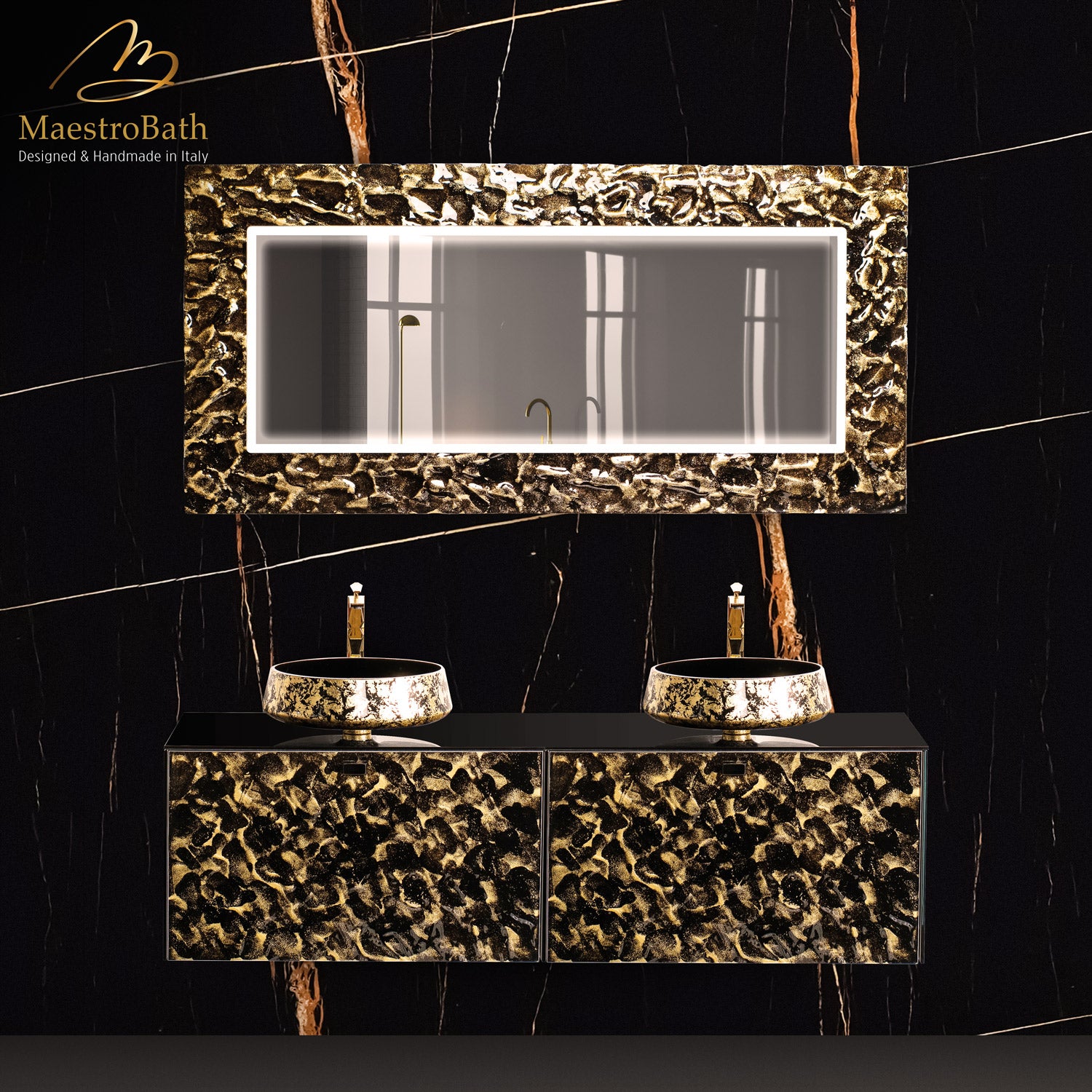 Designer Murano Glass Wallmount Bathroom Double Vanity #color_black and gold