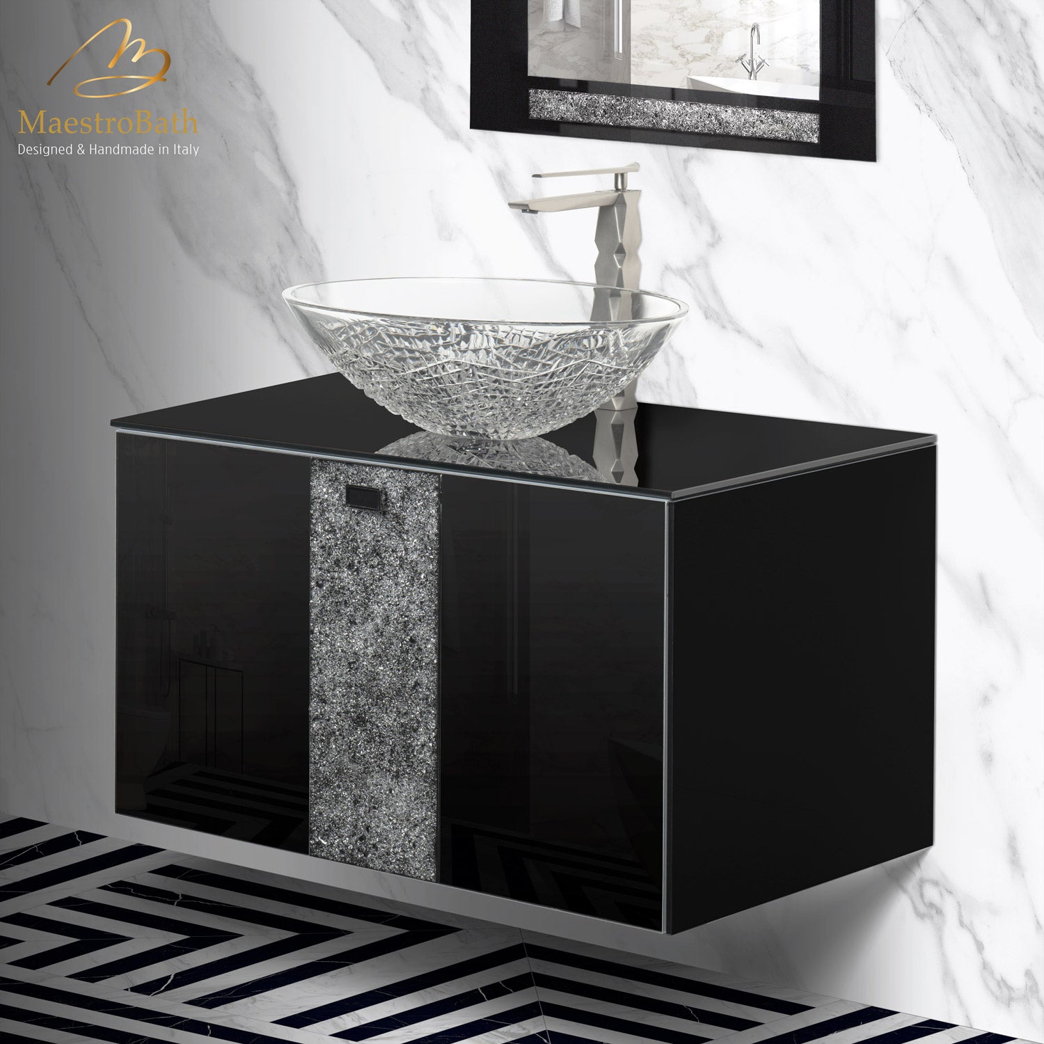 Luxury Crystal Glass Wallmount Bathroom Vanity | Black #Size_32"