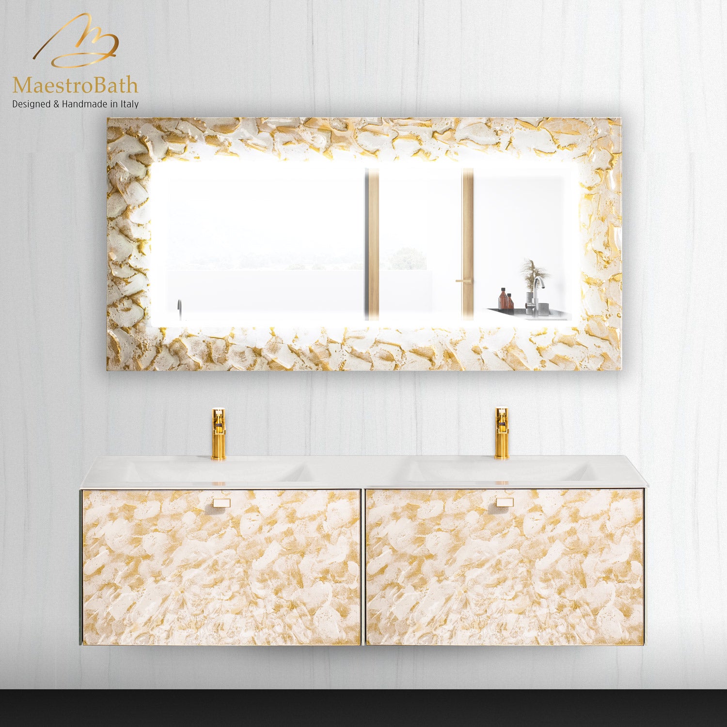 Designer Murano Glass Wallmount Bathroom Double Vanity #color_white and gold